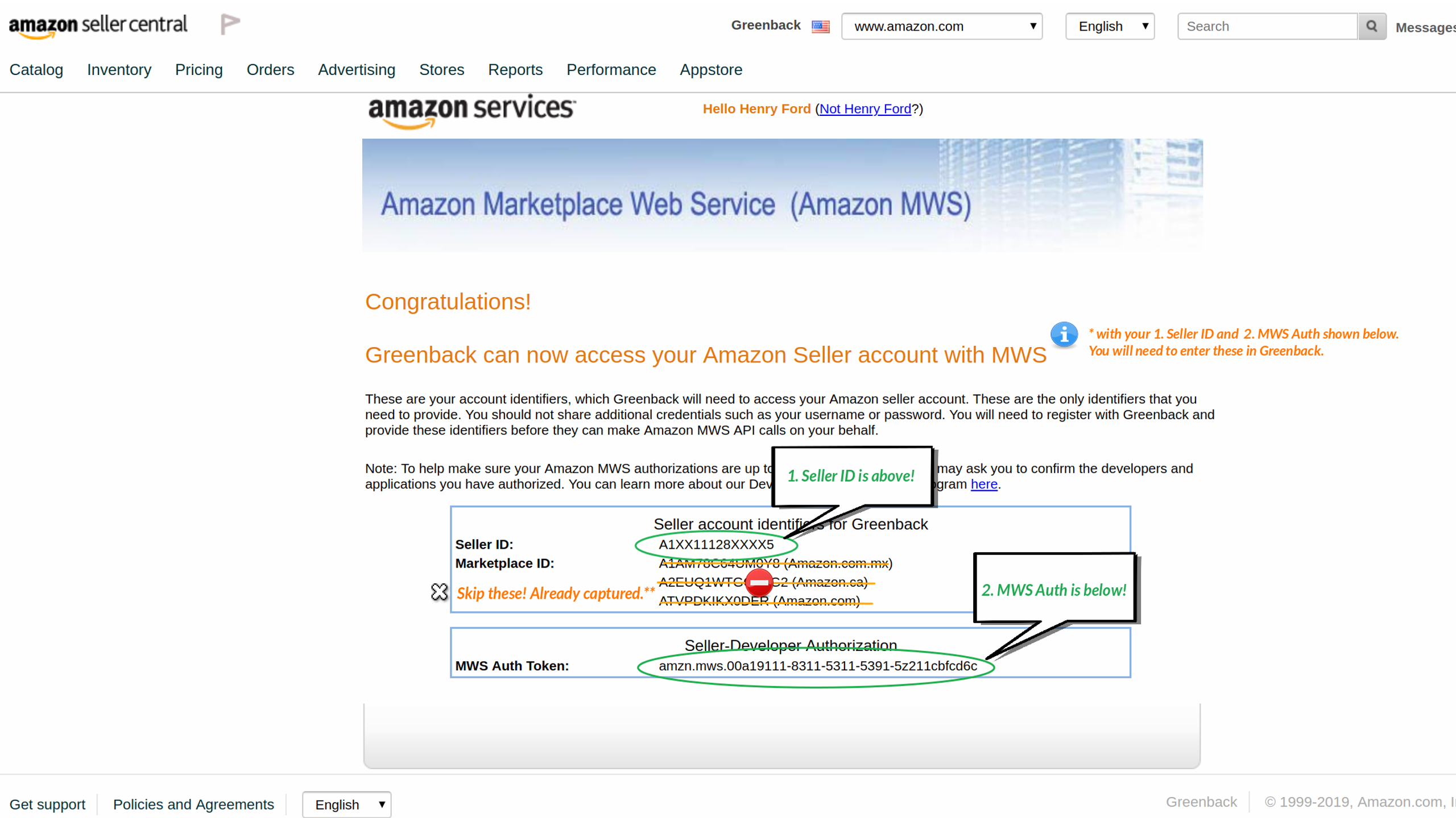 Locate Amazon Seller ID and MWS Auth Token to add Greenback access