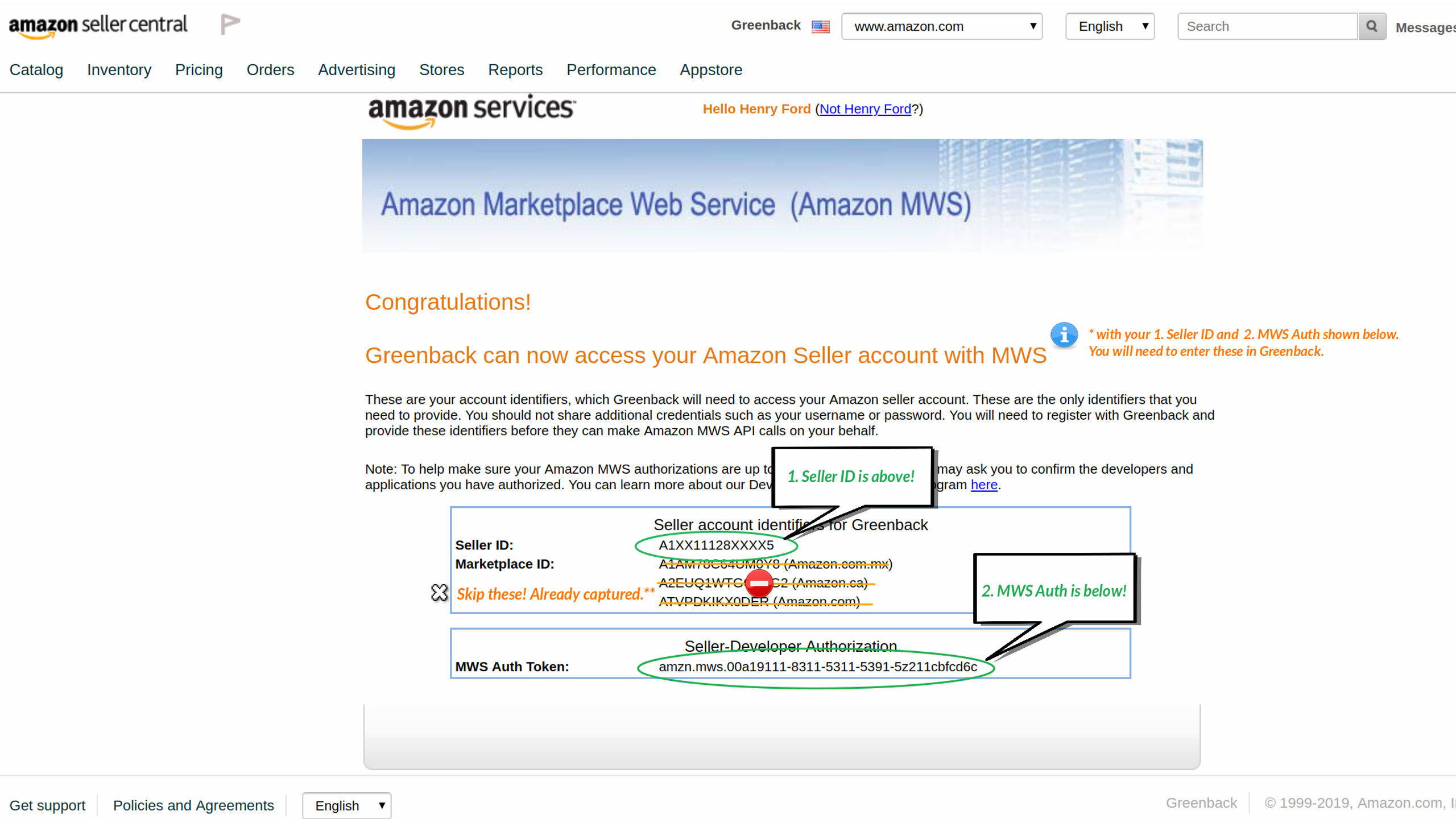 Locate Amazon Seller ID and MWS Auth Token to add Commerce access