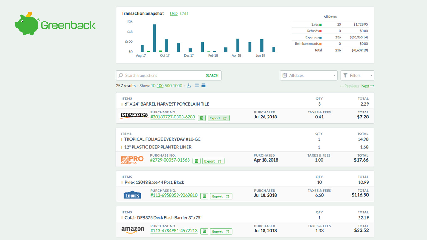 View of an Automated Amazon Receipt in Greenback