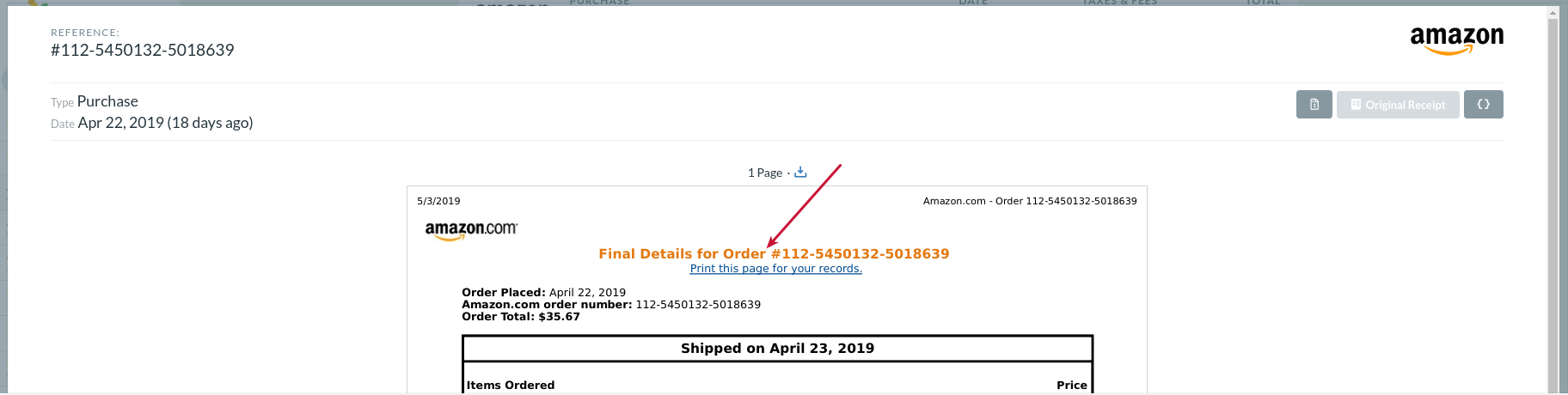 Greenback Original Receipt e.g. Amazon