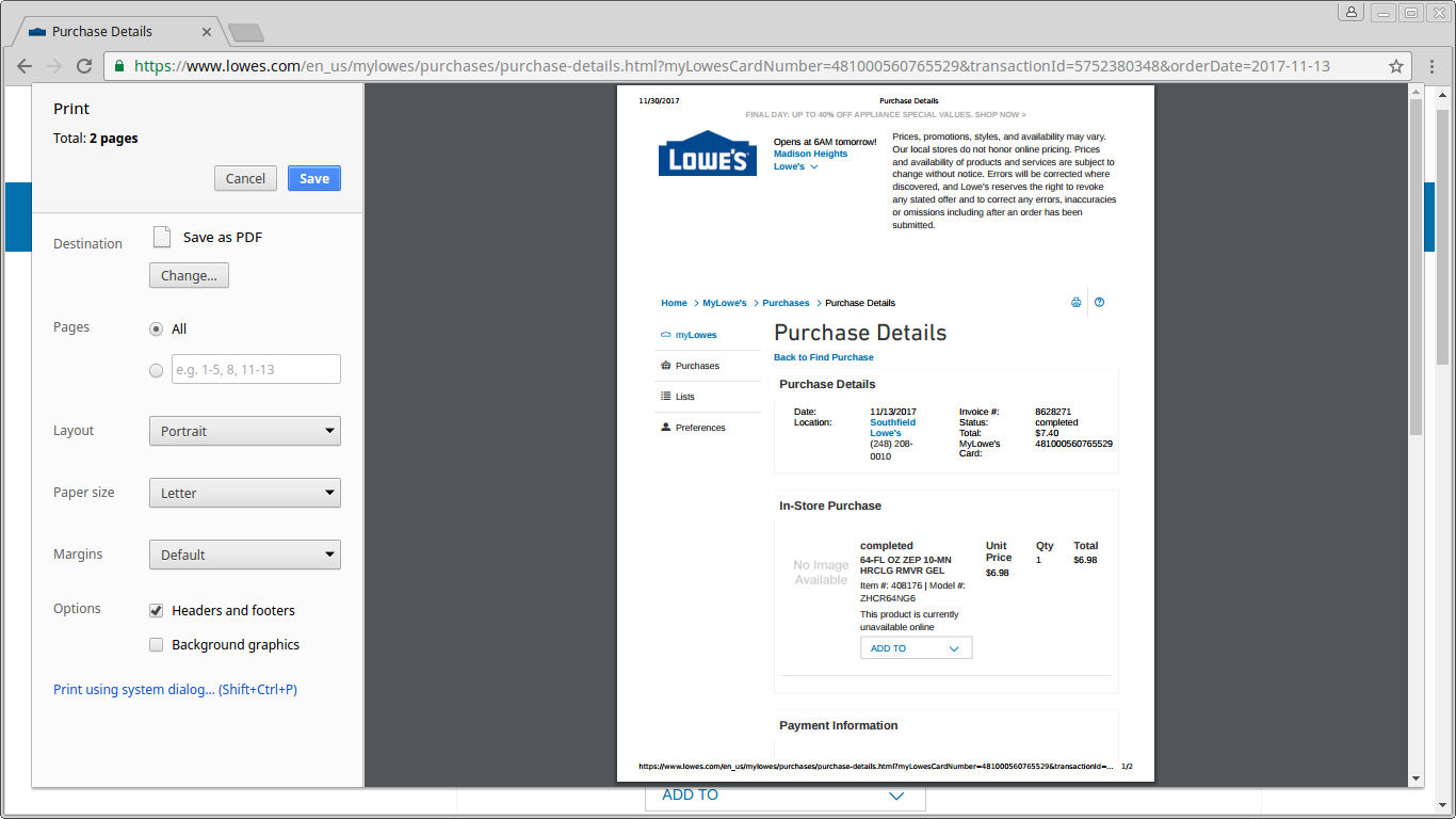 Print or Export a Lowe’s Receipt