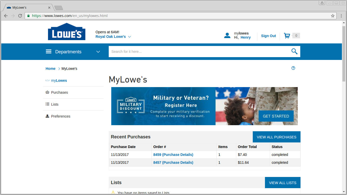 MyLowe’s Recent Purchases Display